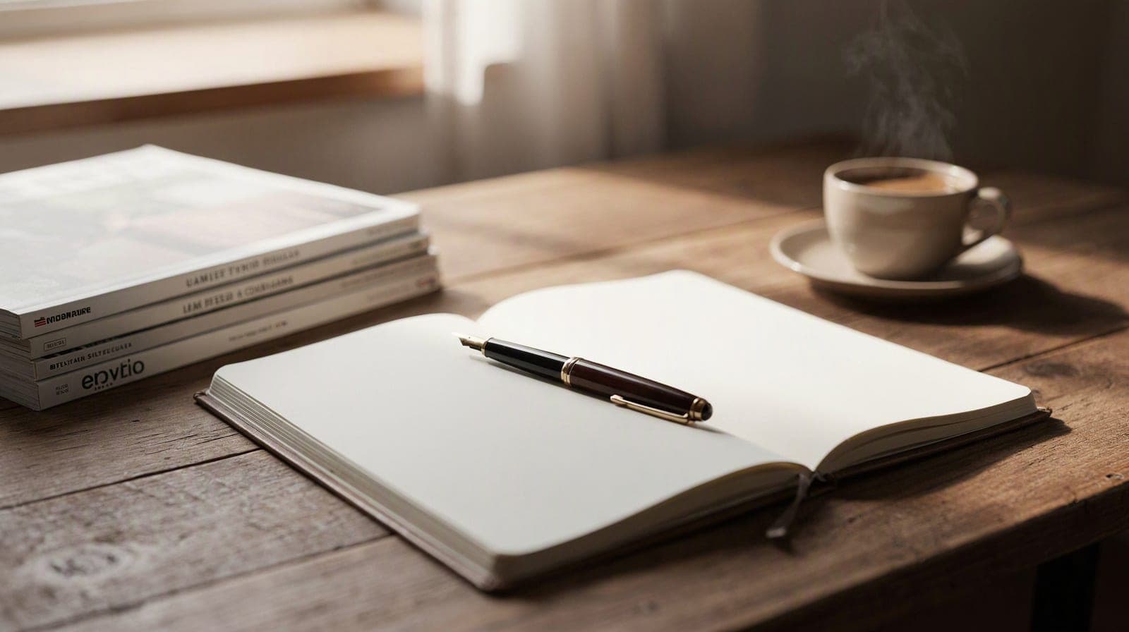 A desk with a notebook, pen and coffee