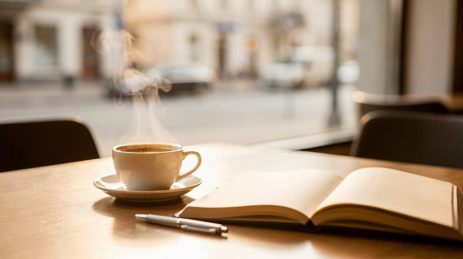 A sunlit café table with tea and a notebook