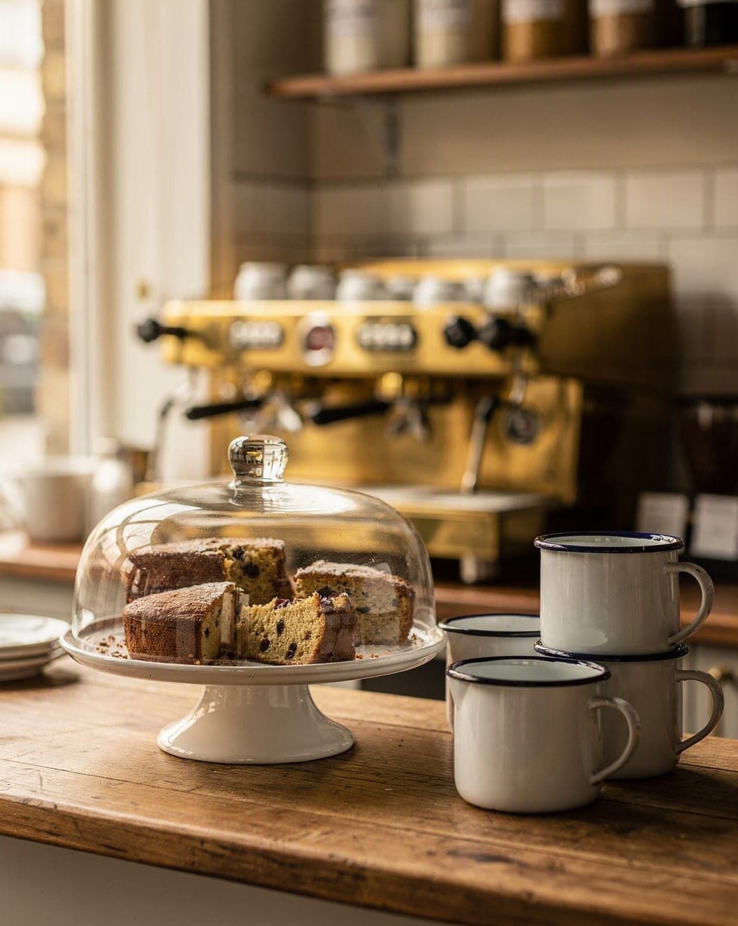 A café counter with cakes under a glass cloche