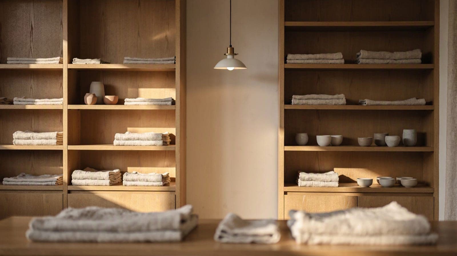 A quiet boutique interior with oak shelving