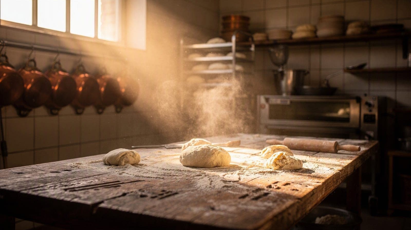 A bakery kitchen at dawn with flour in a shaft of light