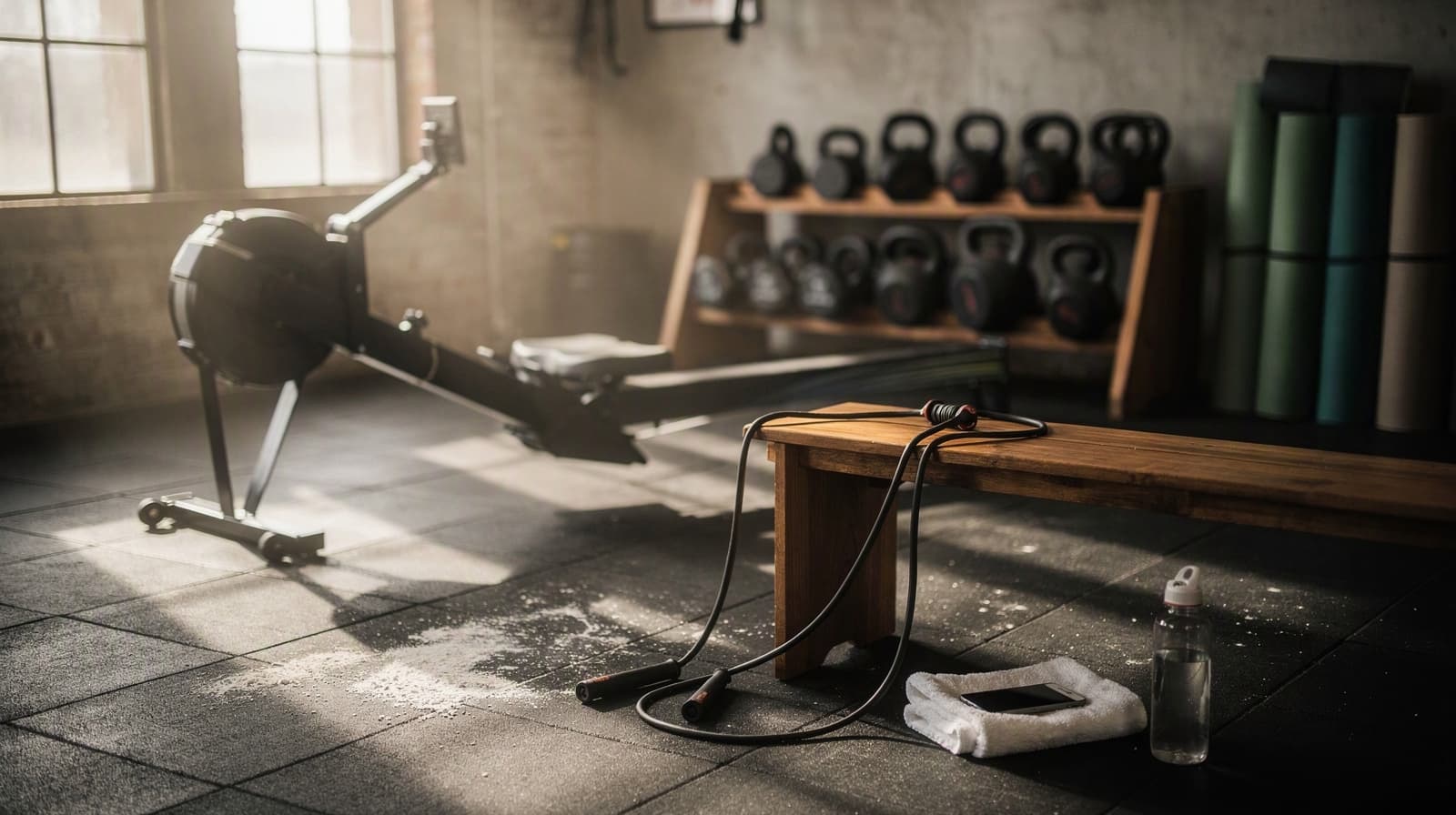 Sunlit small gym with kettlebells, yoga mats and a rowing machine, a phone resting on a towel by a water bottle