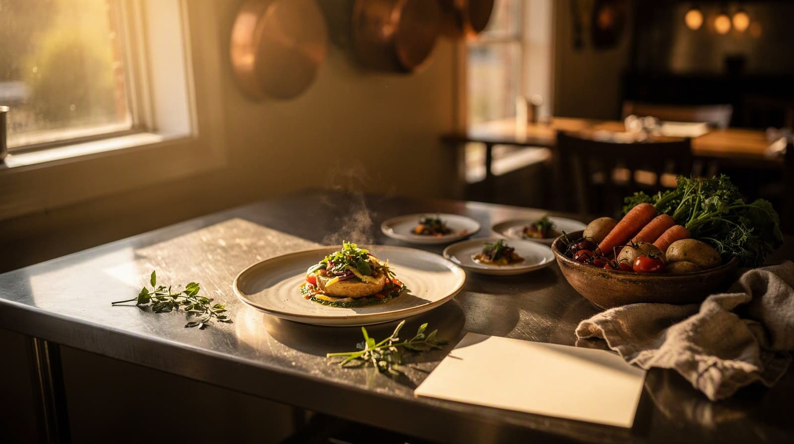 Freshly plated new dishes and seasonal herbs on a restaurant kitchen pass in warm evening light