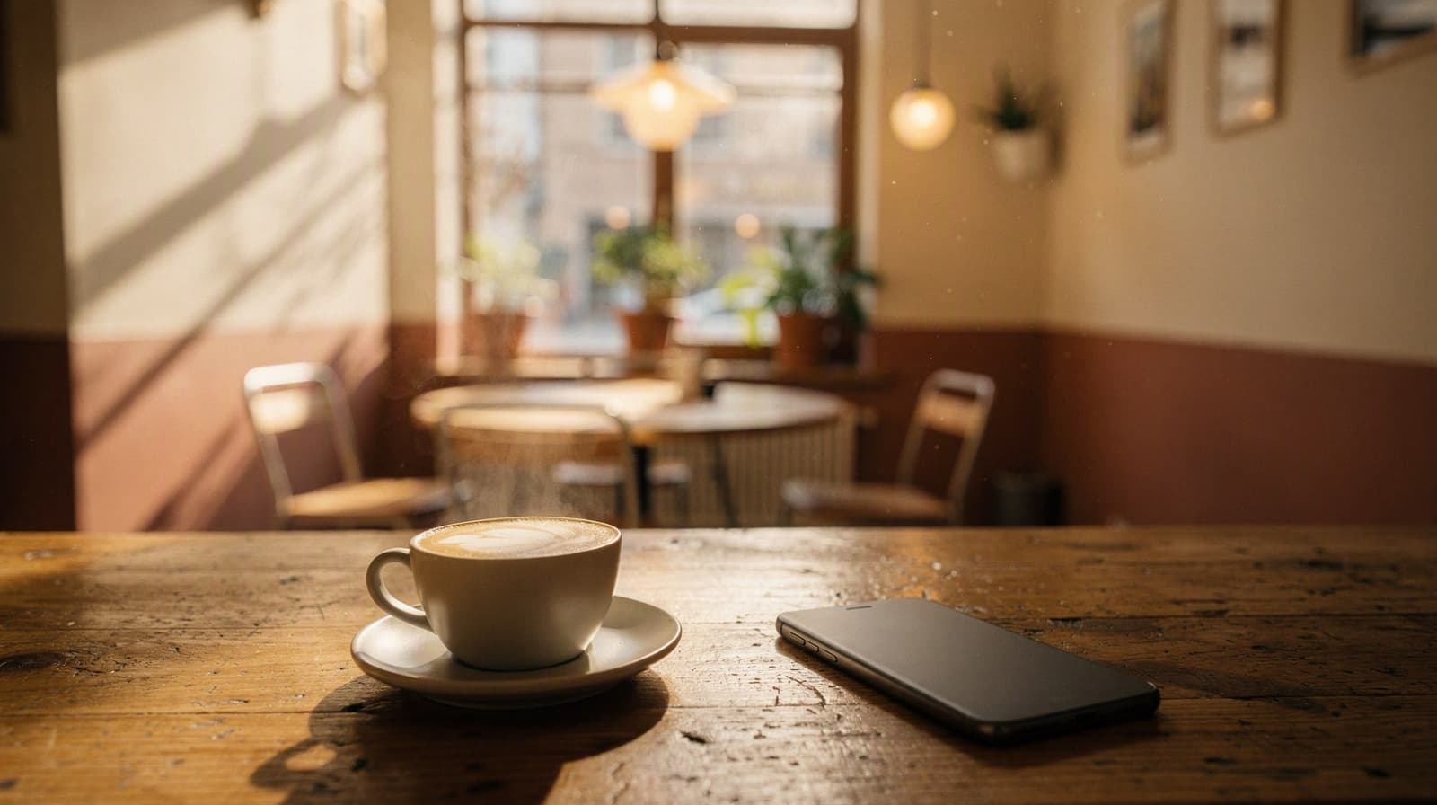 A flat white and face-down phone on a wooden café counter, with empty tables glowing in soft morning light behind.
